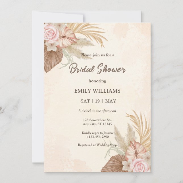 Invitación Elegant Boho Floral Pampas Grass Bridal Shower (Anverso)