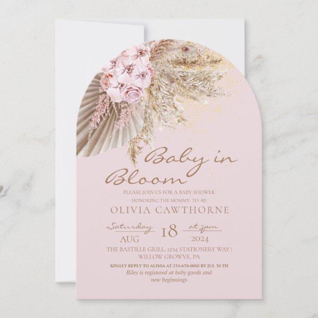 Invitación Elegant  Boho Flowers Baby Girl Shower  (Anverso)