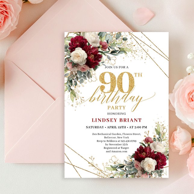 Invitación Elegant Boho Maroon White Roses Gold 90th Birthday (Elegant Maroon White Roses Gold 90th Birthday Invite)