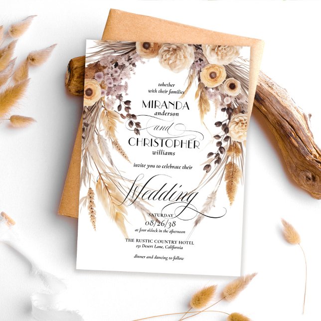 Invitación Elegant Boho Pampas Grass Wreath Rustic Wedding (Subido por el creador)