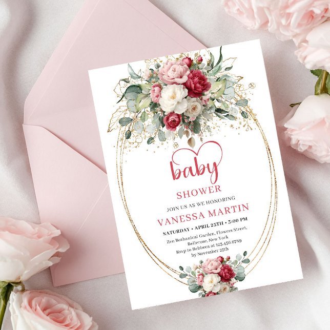 Invitación Elegant Boho Ruby Blush Gold Floral Baby Shower  (Elegant Boho Ruby Blush Gold Floral Baby Shower Invitation)