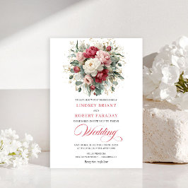Invitación Elegant Boho Ruby Red Blush Greenery Invitation