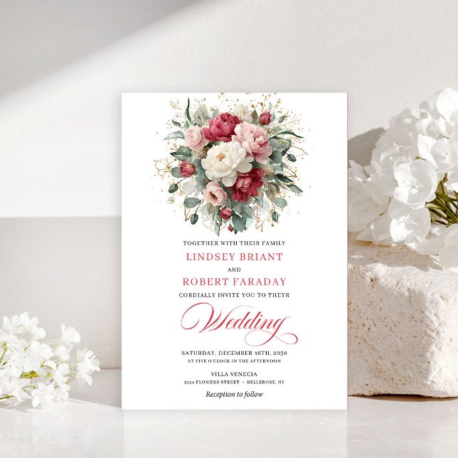Invitación Elegant Boho Ruby Red Blush Greenery Invitation (Elegant Boho Ruby Red Blush Greenery Invitation)