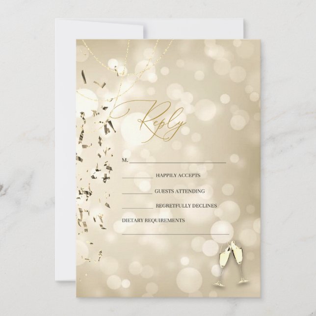 Invitación Elegant Bokeh,Confetti Wine Glasses Wedding (Anverso)