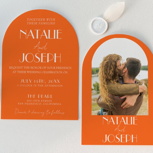 Invitación Elegant Bold Orange Retro Photo Arched Wedding (Subido por el creador)