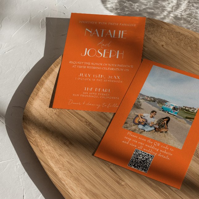 Invitación Elegant Bold Orange Stylish Photo QR Code Wedding (Subido por el creador)