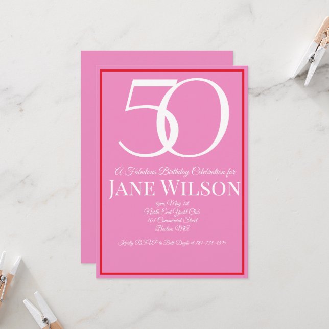 Invitación Elegant Border Script Pink 50th Birthday Party  (Anverso/Reverso In Situ)