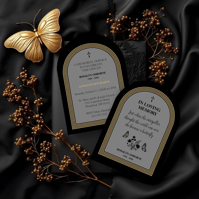 Invitación Elegant Botanical Butterflies Motivational Quote (Funeral Invitation with Motivational Quote and Elegant Botanical Butterfly Design.)