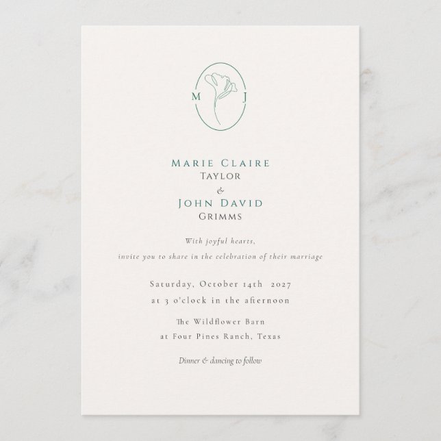 Invitación Elegant Botanical Emerald Monogram Wedding (Anverso)
