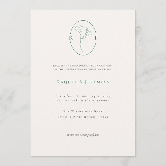 Invitación Elegant Botanical Emerald Monogram Wedding (Anverso)