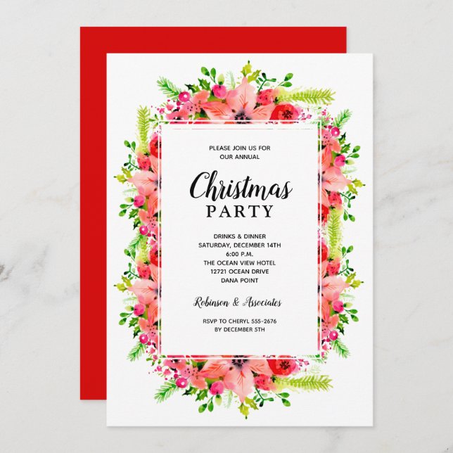 Invitación Elegant Botanical Floral Christmas Party (Anverso / Reverso)
