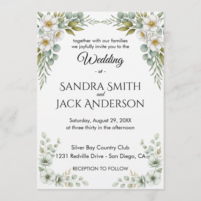 Invitación Elegant Botanical Greenery & White Floral Wedding (Anverso)