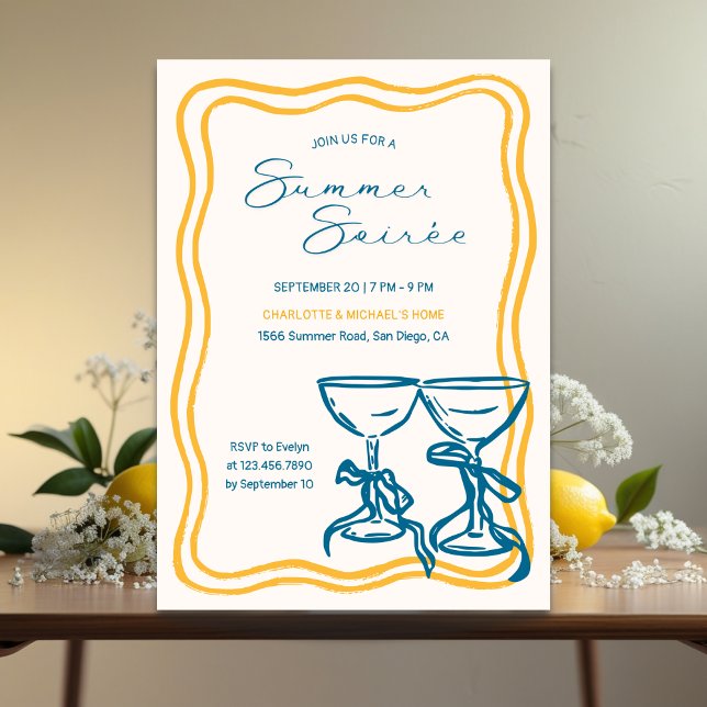 Invitación Elegant Bow Cocktail Summer Soirée (Elegant Summer Soirée Invitation – Modern Handwritten Script with Retro Frame & Cocktail Glasses)