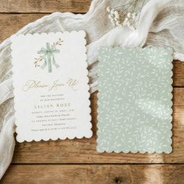Invitación Elegant Bow Cross Sage Watercolor Greenery Baptism