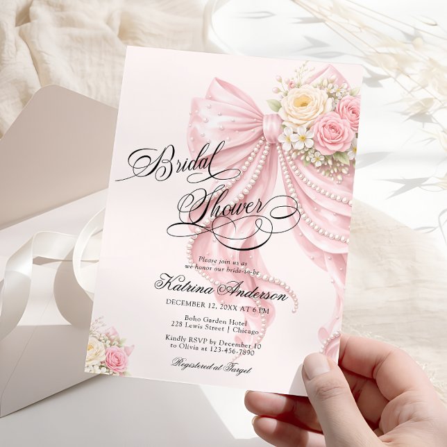 Invitación Elegant Bow Floral Blush Pink Bridal Shower  (Subido por el creador)