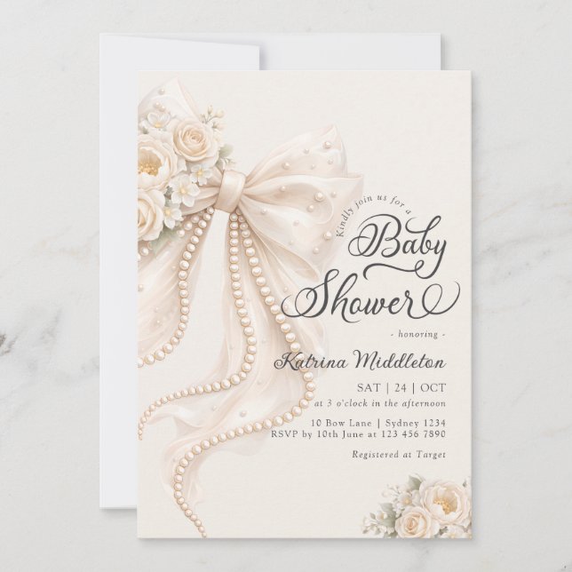 Invitación Elegant Bow Floral Boho Girl Baby Shower  (Anverso)