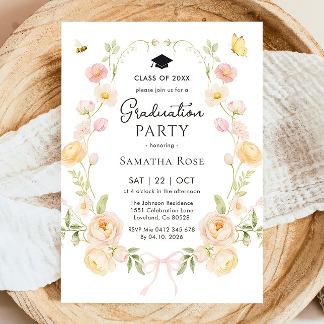 Invitación Elegant Bow Floral Garden Graduation Party (Subido por el creador)