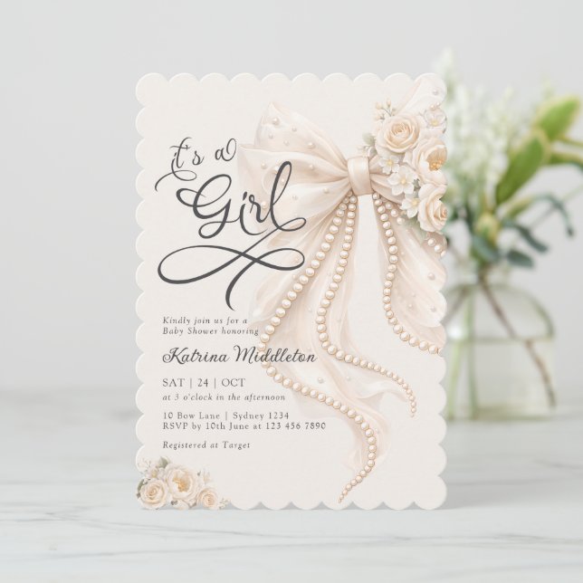 Invitación Elegant Bow Floral It's a Girl Baby Shower (Anverso de pie)