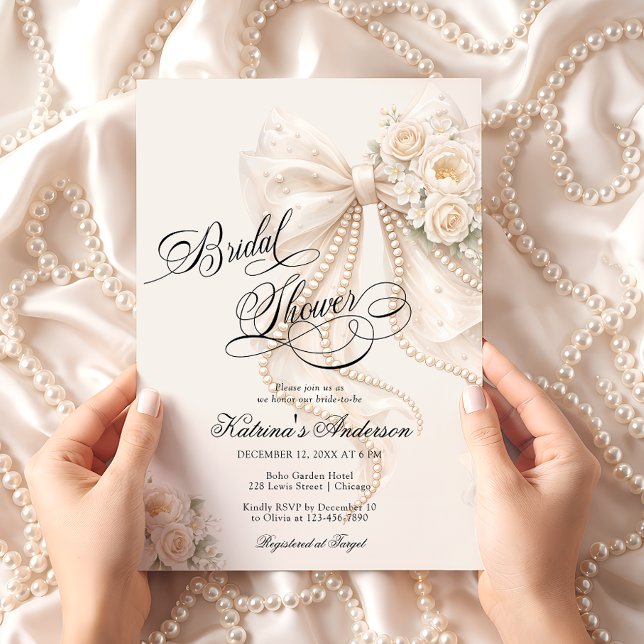 Invitación Elegant Bow Floral Neutral Bridal Shower  (Subido por el creador)