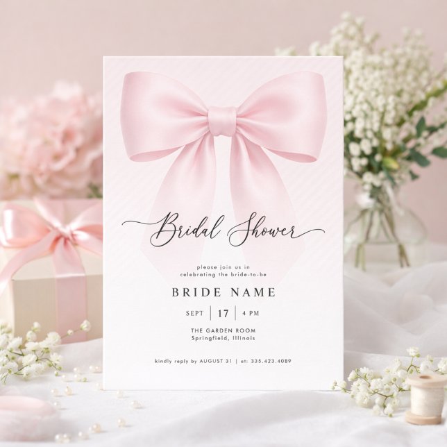 Invitación Elegant Bow Modern Script Stripe Bridal Shower (Subido por el creador)