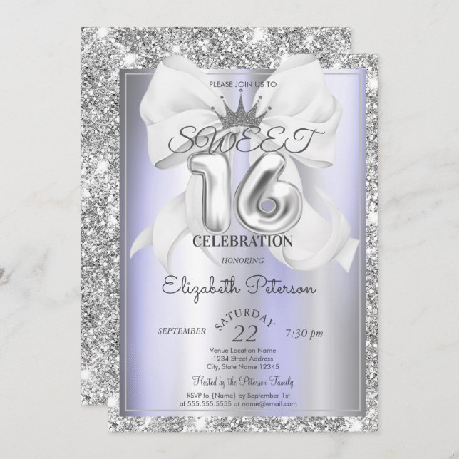 Invitación Elegant Bow,Tiara,Violet Silver Glitter Sweet 16  (Anverso / Reverso)