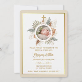 Invitación Elegant Boy Baptism Greenery Cross Photo  Invitati