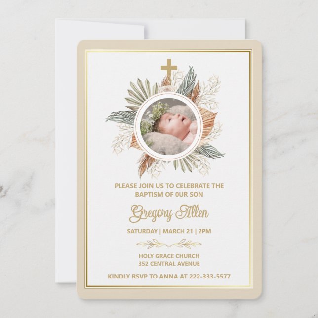 Invitación Elegant Boy Baptism Greenery Cross Photo  Invitati (Anverso)