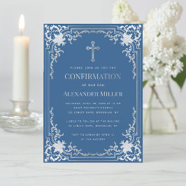 Invitación Elegant Boy Confirmation Classic Blue Faux Silver