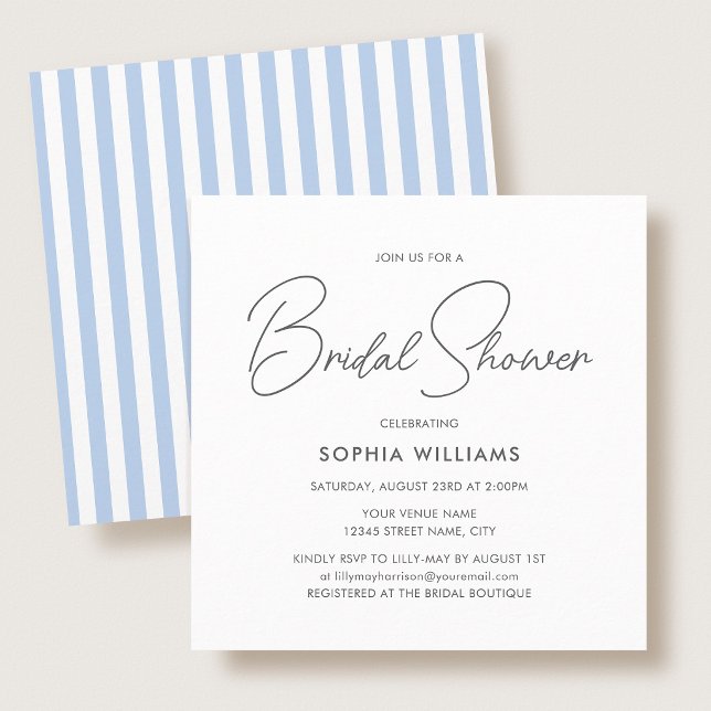 Invitación Elegant Bridal Shower Modern Script Blue Stripes (Subido por el creador)