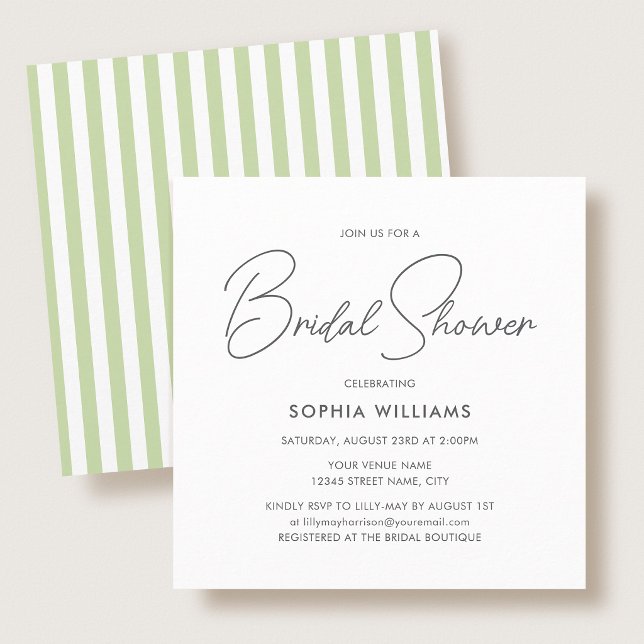 Invitación Elegant Bridal Shower Modern Script Green Stripes (Subido por el creador)