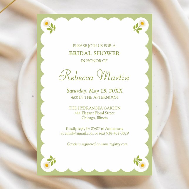 Invitación Elegant Bridal Shower Sage Green Daisy Simple Chic (Subido por el creador)