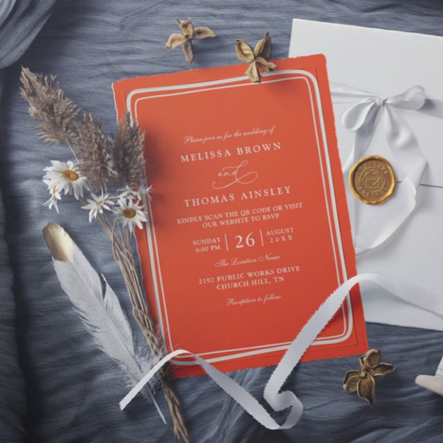 Invitación Elegant Bright Orange Retro Unique QR Code Wedding (Subido por el creador)