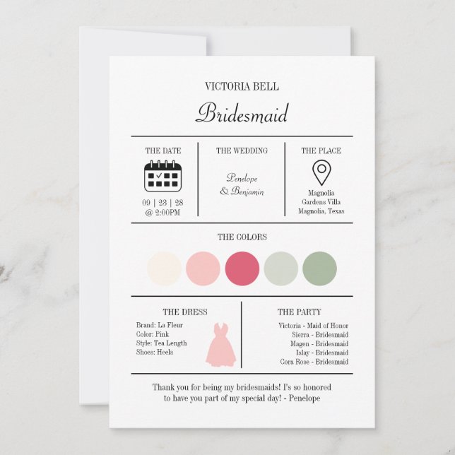 Invitación Elegant Bright Pink Bridesmaid Information Card (Anverso)