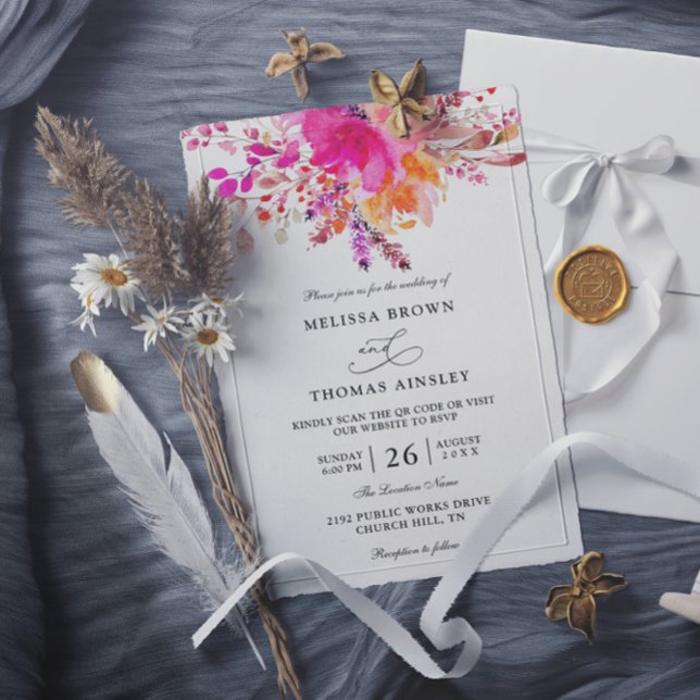 Invitación Elegant Bright Pink Floral Budget QR Code Wedding (Subido por el creador)