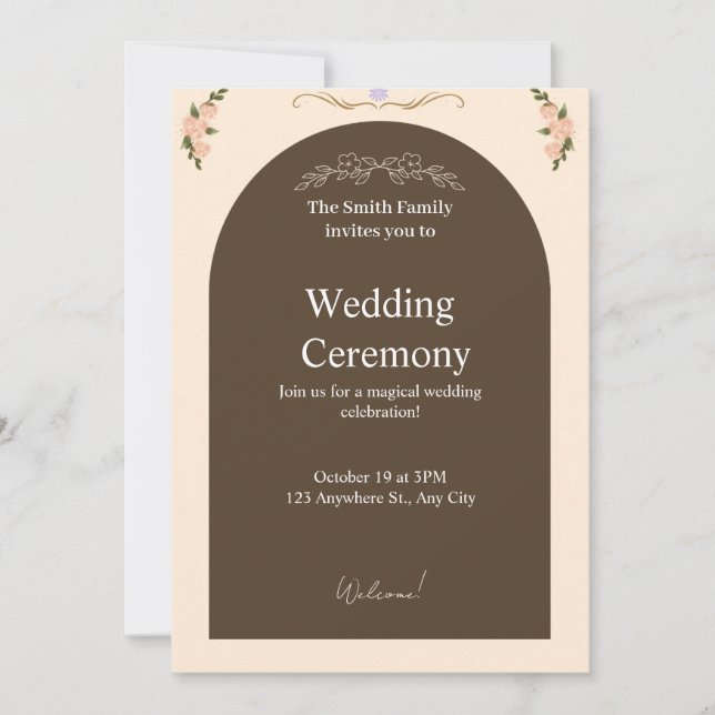 Invitación Elegant Brown Arch Floral Wedding Invitation | Min (Anverso)