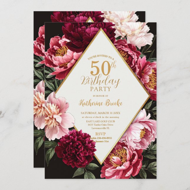 Invitación Elegant Burgundy and Blush Peony Floral Birthday (Anverso / Reverso)