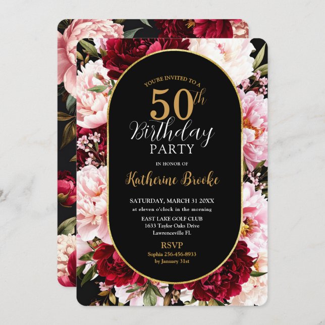 Invitación Elegant Burgundy and Blush Peony Floral Birthday (Anverso / Reverso)