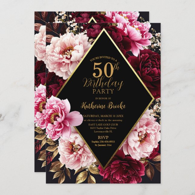 Invitación Elegant Burgundy and Blush Peony Floral Birthday (Anverso / Reverso)
