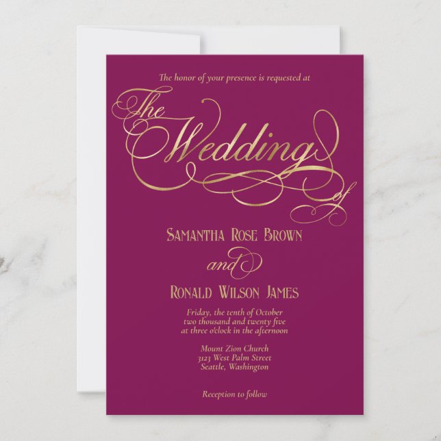 Invitación Elegant Burgundy and Faux Gold Calligraphy Wedding (Anverso)