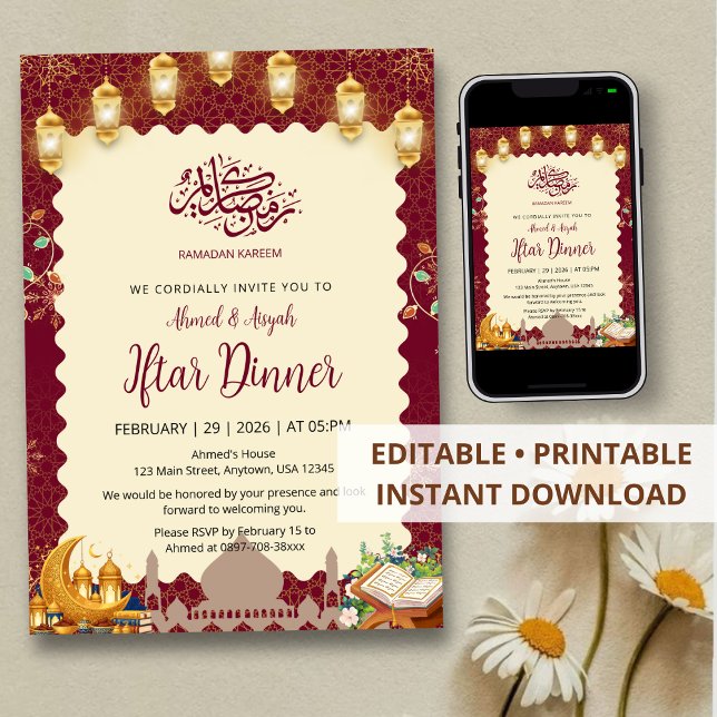 Invitación Elegant Burgundy and Gold Iftar Invitation Lantern (Subido por el creador)