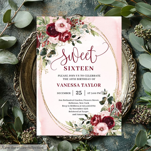 Invitación Elegant Burgundy Blush Floral Sweet Sixteen Invite (Elegant Boho Blush Burgundy Floral Sweet Sixteen Invite

)