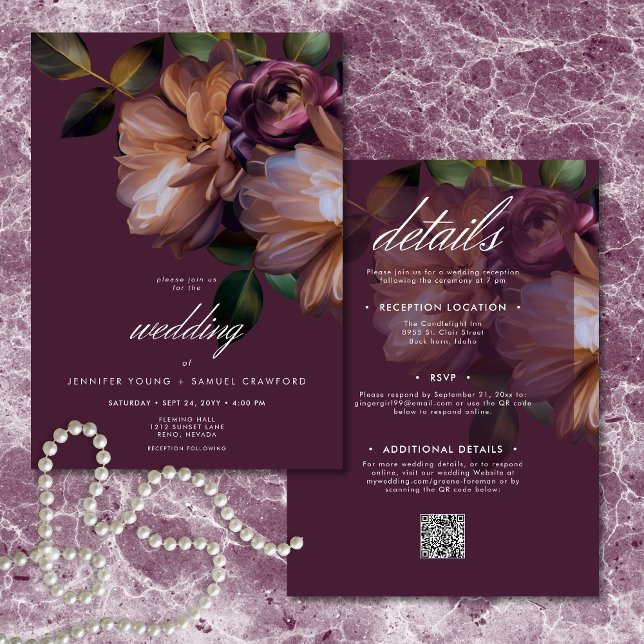 Invitación Elegant Burgundy Classic Moody Floral Two Sided (Elegant Burgundy Classic Moody Floral Two Sided Invitation)