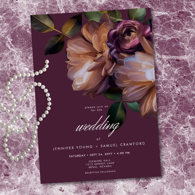 Invitación Elegant Burgundy Classic Moody Floral Wedding (Elegant Burgundy Classic Moody Floral Invitation)