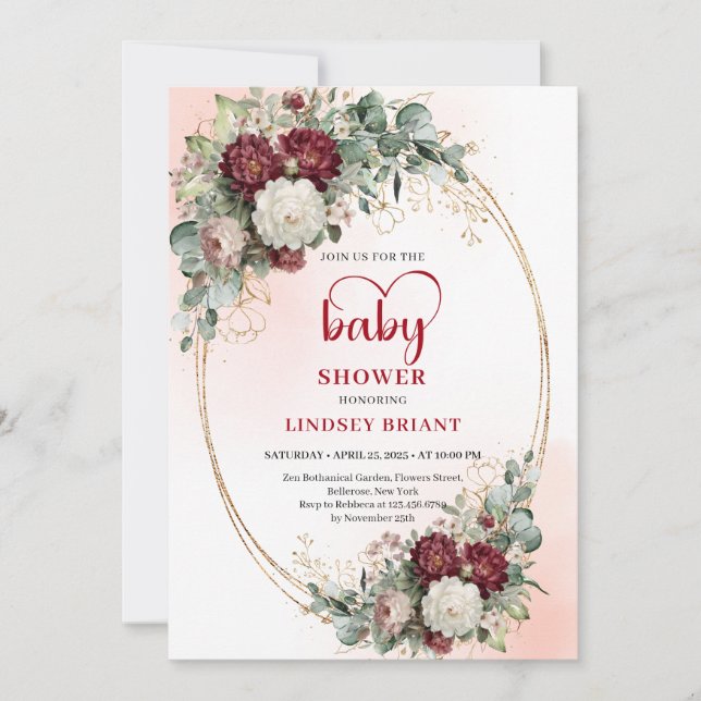 Invitación Elegant Burgundy Floral Baby Shower Invitation (Anverso)