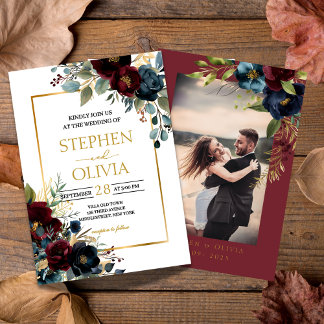 Invitación Elegant Burgundy Floral Blooms wedding Photo