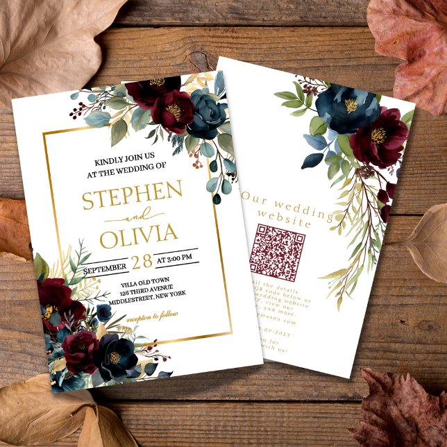 Invitación Elegant Burgundy Floral Blooms wedding  QR details (Subido por el creador)
