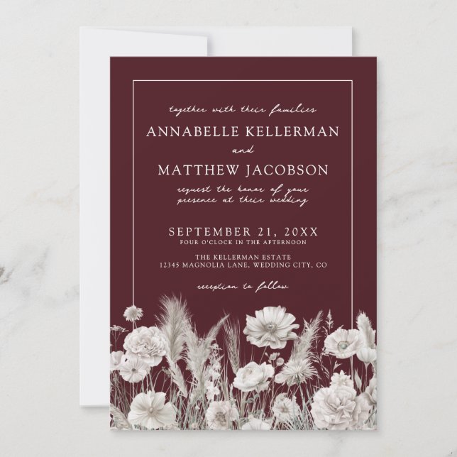 Invitación Elegant Burgundy Floral Boho Wedding (Anverso)