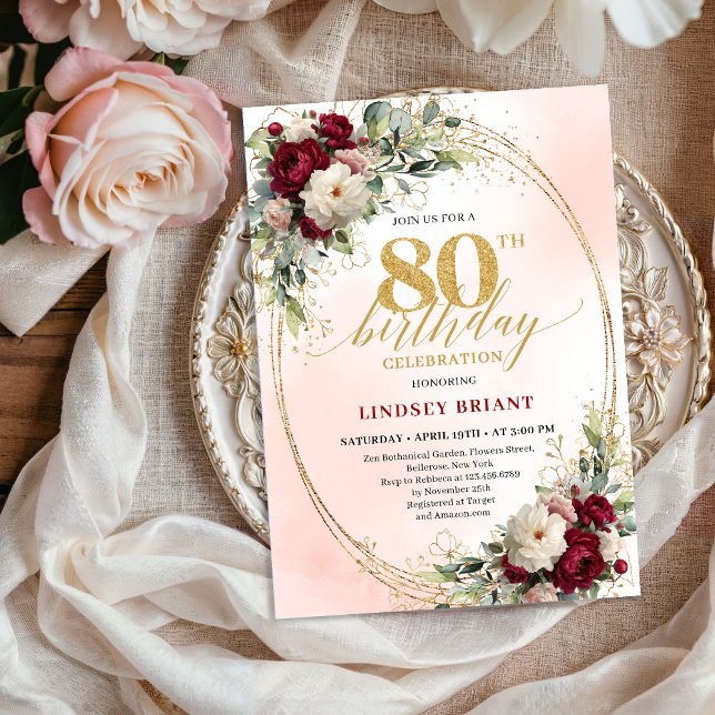 Invitación Elegant Burgundy Floral Gold 80th Birthday Party  (Elegant Burgundy Floral Gold 80th Birthday Party Invite)