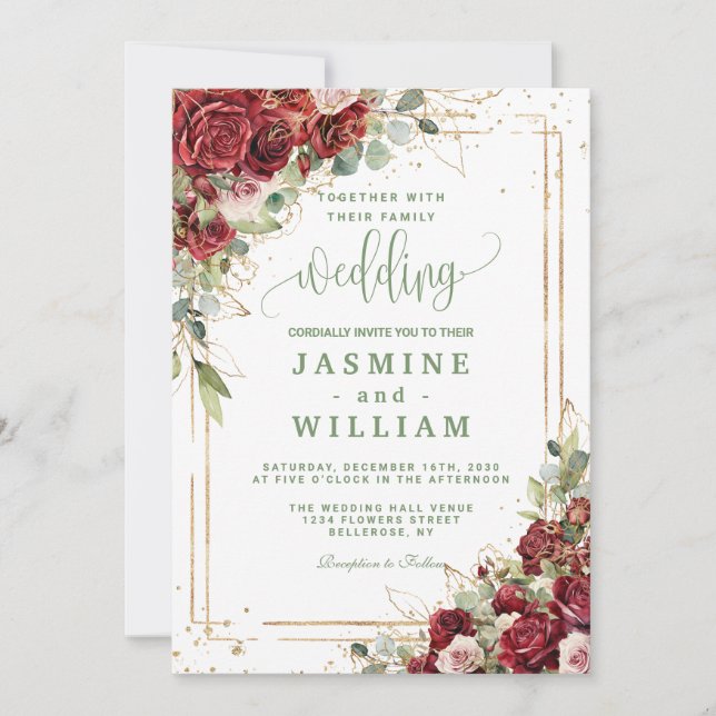 Invitación Elegant Burgundy Floral  Gold  Wedding (Anverso)