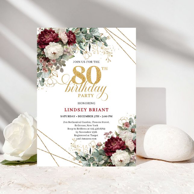 Invitación Elegant Burgundy Floral Greenery 80th Birthday (Elegant Burgundy Floral Greenery 80th Birthday)